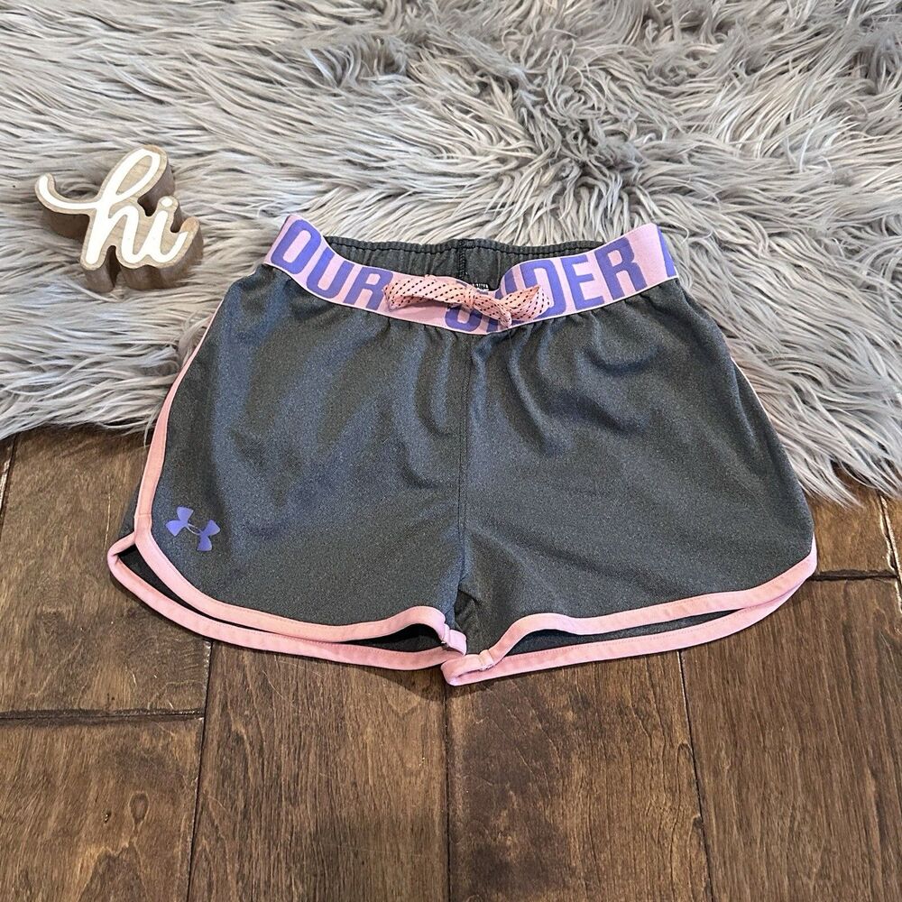 Under Armour Girls Shorts Grey Pink Drawstring Performance Athletic Size YSM